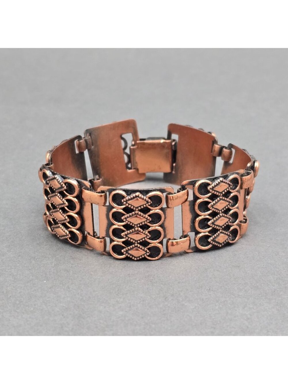 Vintage Copper Filigree Panel Bracelet 7" Wide Boho Geometric Link Statement